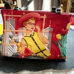 Retro Style Women's Handbag with Red and Yellow Design